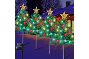 KUCICEZU Christmas Decorations Outdoor 4 Sets Solar Christmas Tree with 80pcs Multi-Color Led Lights and Star Topper 8 Lighting Modes Waterproof Pathway Lights for Outside Garden Yard House Front Porch