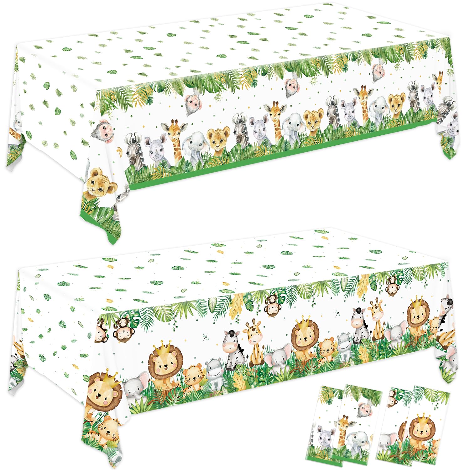 Photo 1 of QIYANPAX 4 Pack Jungle Safari Tablecloths, Wild One Table Cover, Animals Plastic Plastic Table Cloth for Sage Green Safari Baby Shower Decorations, 108×54 Inch