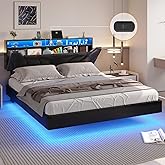 DICTAC Full Size Floating Bed Frame with led Lights & Storage Headboard Full Led Visual Floating Bed with Outlets Faux Leather Upholstered Platform Bed with Hidden Storage,No Box Spring Needed,Black