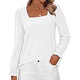 Okiwam Womens Long Sleeve Shirts Fall 2026 Square Neck Dressy Casual Blouses Eyelet Tunic Tops Fashion Outfits Clothes