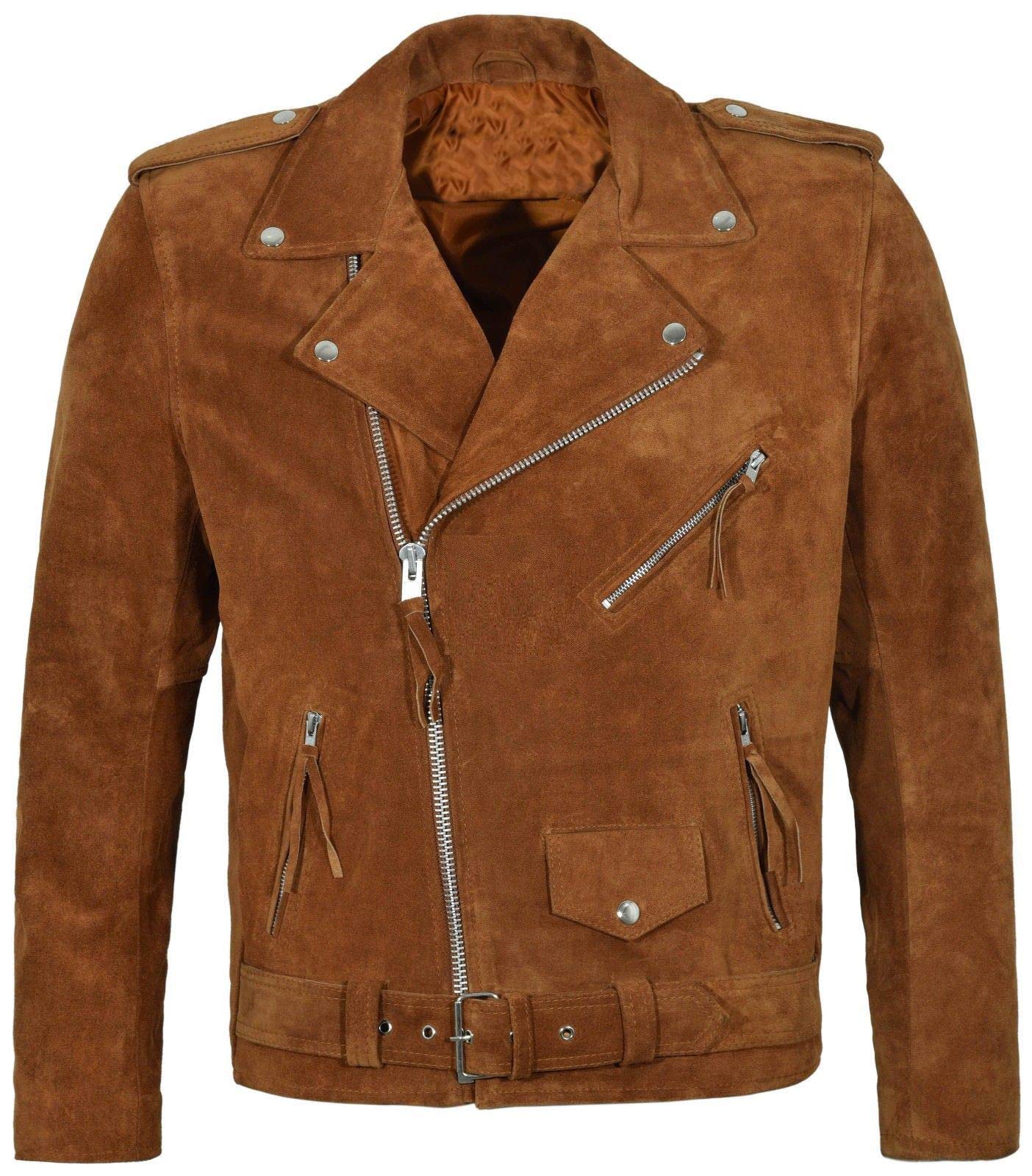 UGFashions Men's Native American Buckskin Brown Brando Biker Fringes Suede Leather Jacket