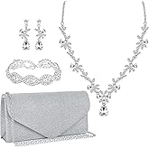 4 Pieces Silver Plated Clutch Purses Artificial Rhinestone Crystal Choker Necklace Teardrop Dangle Earrings Link Tennis Bracelet Jewelry Set Evening Bag Handbag Crossbody Envelope for Women
