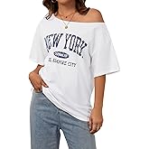 LilyCoco Womens Off The Shoulder Graphic Tees Casual Short Sleeve Asymmetrical Top