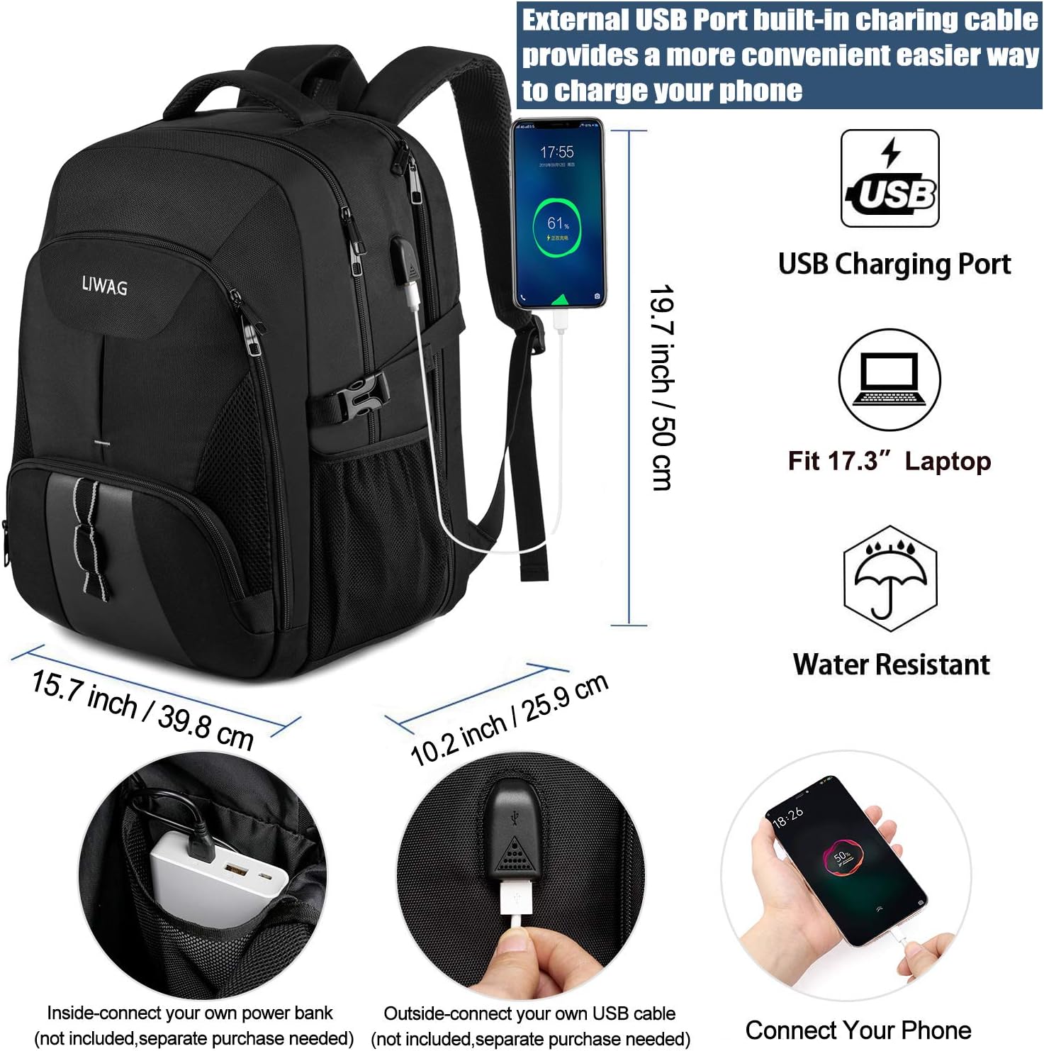 Extra Large 50L Travel Laptop Backpack,Water Resistant Work Backpack Bag with USB Charging Port,Anti Theft Big Business Backpack,College School Computer Rucksack for Men Women,Fits 17Inch Laptop-Black - Image 4