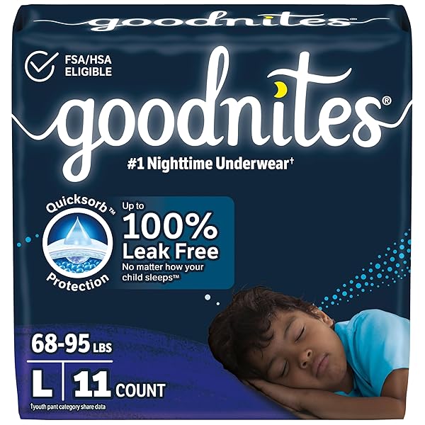 GOODNITES BOYS’ NIGHTTIME BEDWETTING UNDERWEAR, SIZE LARGE (68-95 LBS), 11 CT, PACKAGING MAY VARY