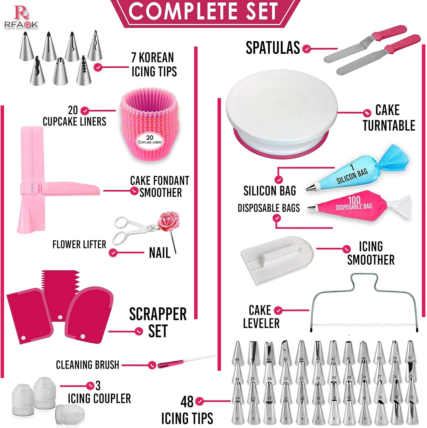 Cake Decorating Kit -RFAQK 200 PCs with Cake Turntable- Cake Leveler- 55 Numbered Piping Tips & Nozzles with Pattern Chart & E-Book- 110 Icings Bags-Straight & Offset Spatula-Scraper Set & Baking Kit - Image 3