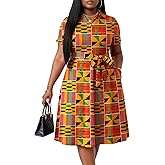FANDEE Plus Size Dresses, Women Summer Casual V Neck Short Sleeve A-Line Cocktail Shirt Midi Dress with Belt and Pockets
