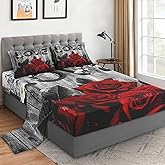 WeCozy 4 Pieces Full Size Bed Sheet Sets with Pillowcases, Red Rose Flower Vintage Soft Microfiber Bedding for Kids and Adults, Flat, Fitted Sheet for Bedroom Bed Decor