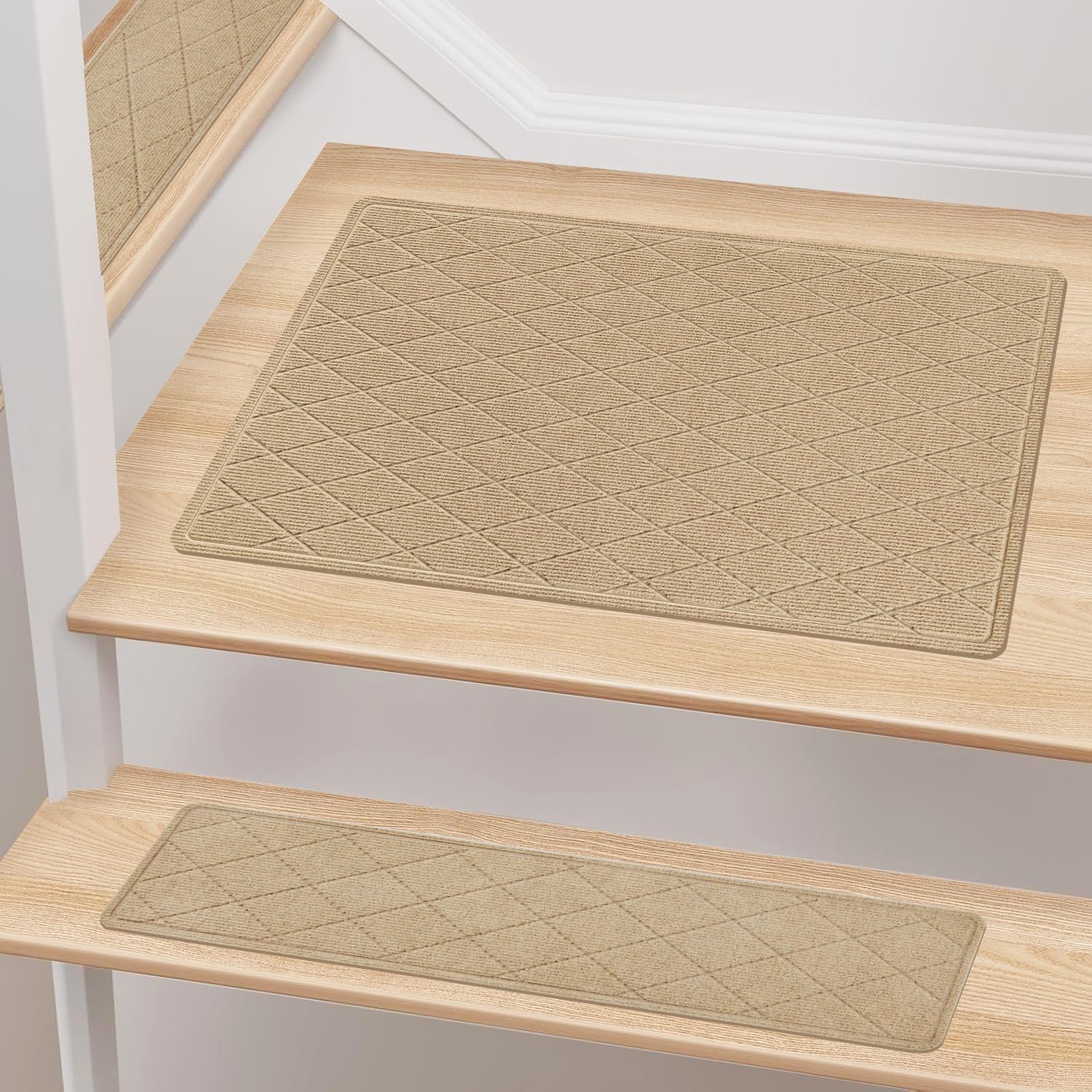 Photo 1 of Stair Treads Non Slip Landing Rug for Wooden Steps Indoor, Peel and Stick Stair Treads Matching-Mat 20"X32" Landing Slip Resistant Stair Rugs for Kids and Dogs, Polyester Stair Landing Mat, Beige