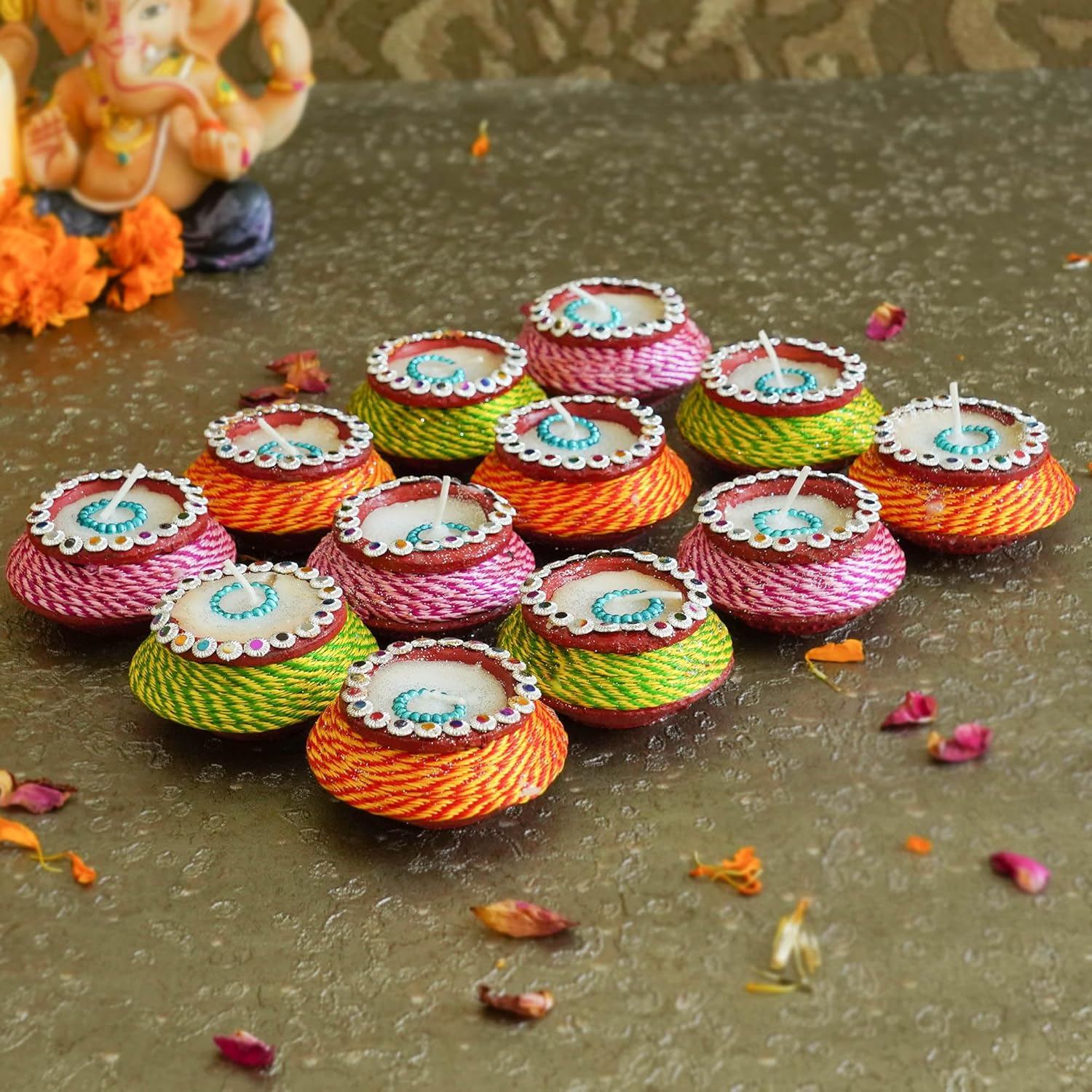 Oil Lamps & Accessories - TIED RIBBONS 12 pcs Handmade Clay Diya for Diwali, Wax Filled | Traditional Homemade Diyas Tealight | Indian Oil Lamp | Diwali Decorations for Home | Terracotta Diyas | Matki Diya | Diwali Gifts