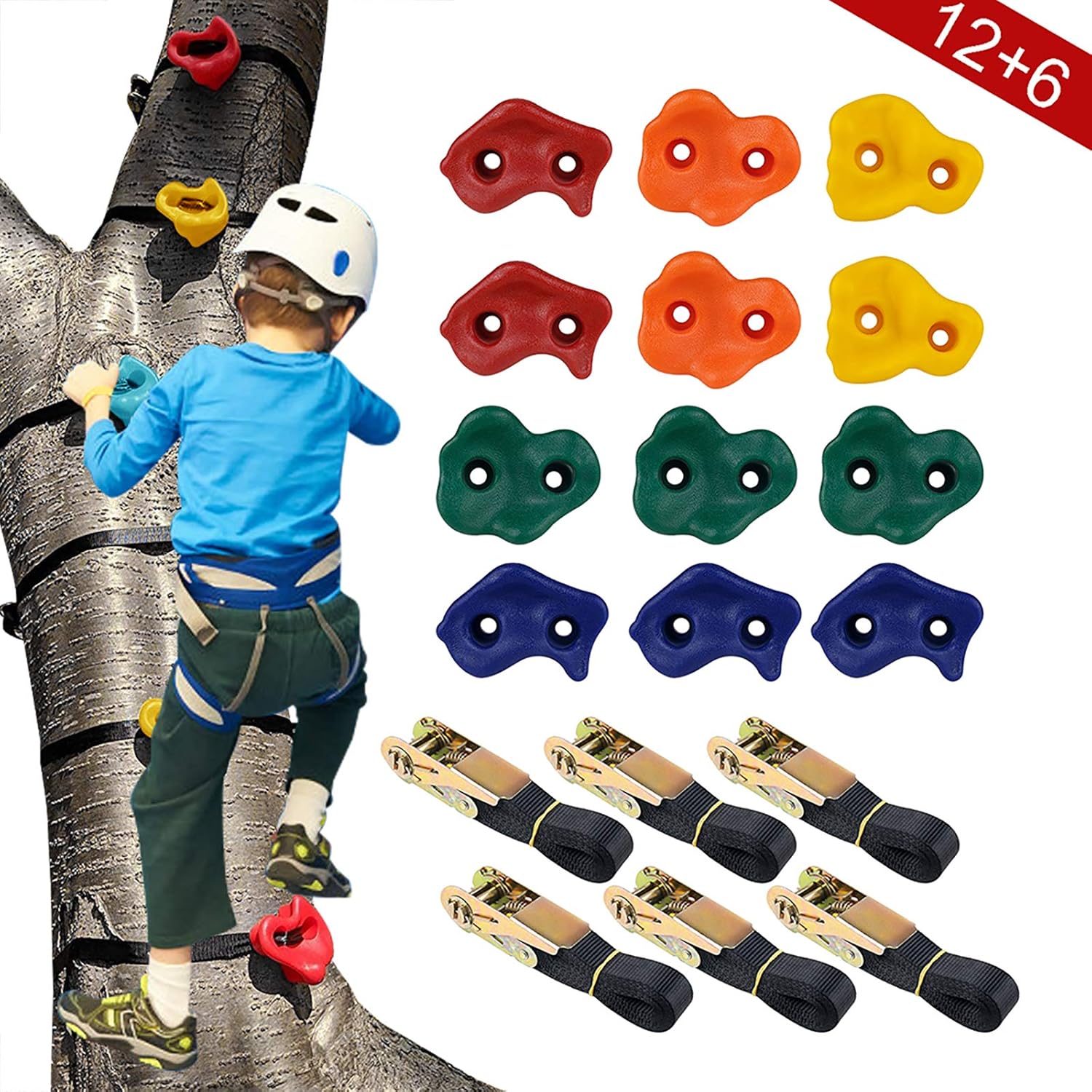 PLYFUNS 12 Ninja Tree Climbing Holds for Kids - Rock Climbing Holds with 6 Sturdy Ratchet Straps Adult Climbing Rocks for Outdoor Play Course Training: Toys & Games