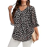 Amrto Plus Size Tops for Women Chiffon Ruffle 3/4 Sleeve Tunic Chiffon Blouses V Neck Casual Shirts XL-5XL