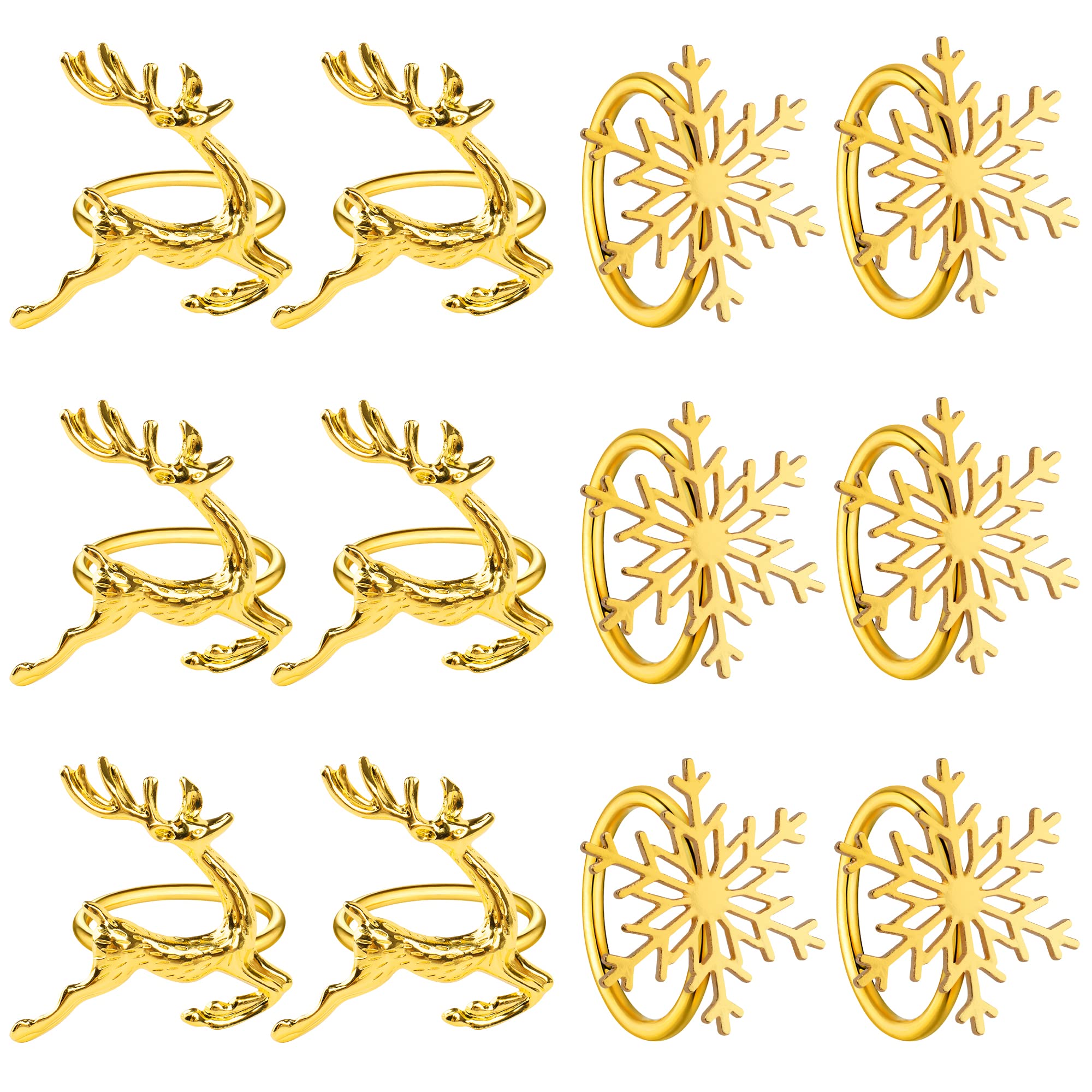 Homotte Gold Christmas Napkin Rings Set of 12, Christmas Reindeer and Snowflake Napkin Holders for Thanksgiving Table Decorations, Chris Banquet, Daily Receptions