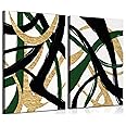 GKQNMU 2pcs Abstract Stripe Canvas Wall Art Modern Minimalist Geometry Wall Decoration Pictures Green Gold And Black Prints Posters Paintings for Living Room Bedroom Office Decoration Ready To Hang