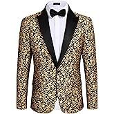 COOFANDY Mens Floral Tuxedo One Button Luxury Shiny Blazer Dinner Party Prom Wedding Suit Jacket