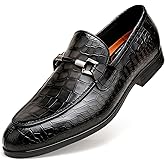 Mens Leather Penny Loafers, Classic Crocodile Printed Business Dress Shoes with Metal Buckle Slip on Penny Shoes for Mens