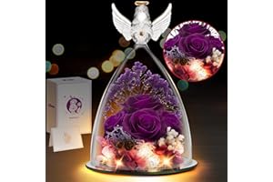 RIANEAN Mothers Day Rose Gifts for Mom, Preserved Flower Gifts for Women, Purple Roses in Glass Angel Figurines with LED Light for Grandma, Mom gifts from Daughter, Ideal Mother's Day, Birthday Gifts for Wife
