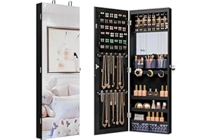 Unisakey Mirror Jewelry Cabinet,Lockable Wall or Door Mounted Jewelry Armoire Organizer With Built-up Mirror,LED Lights, Drawers,Cosmetic Trays,Shelves, 14.4"x3.15"x 43.1"（Black）