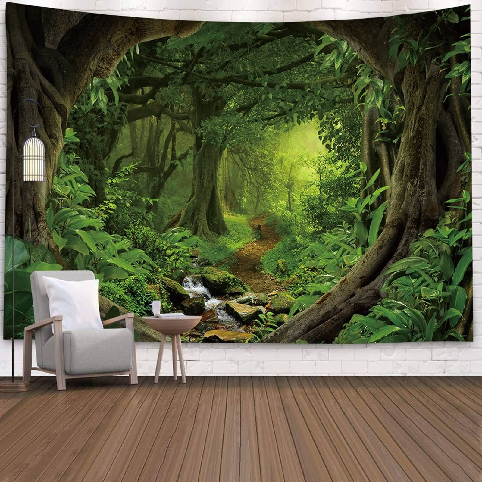 Nature Wall Hanging Decor, Misty Jungle Green Tree Plants Wall Art for Living Room Bedroom Dorm, 96"W x 104"H (260x240cm)