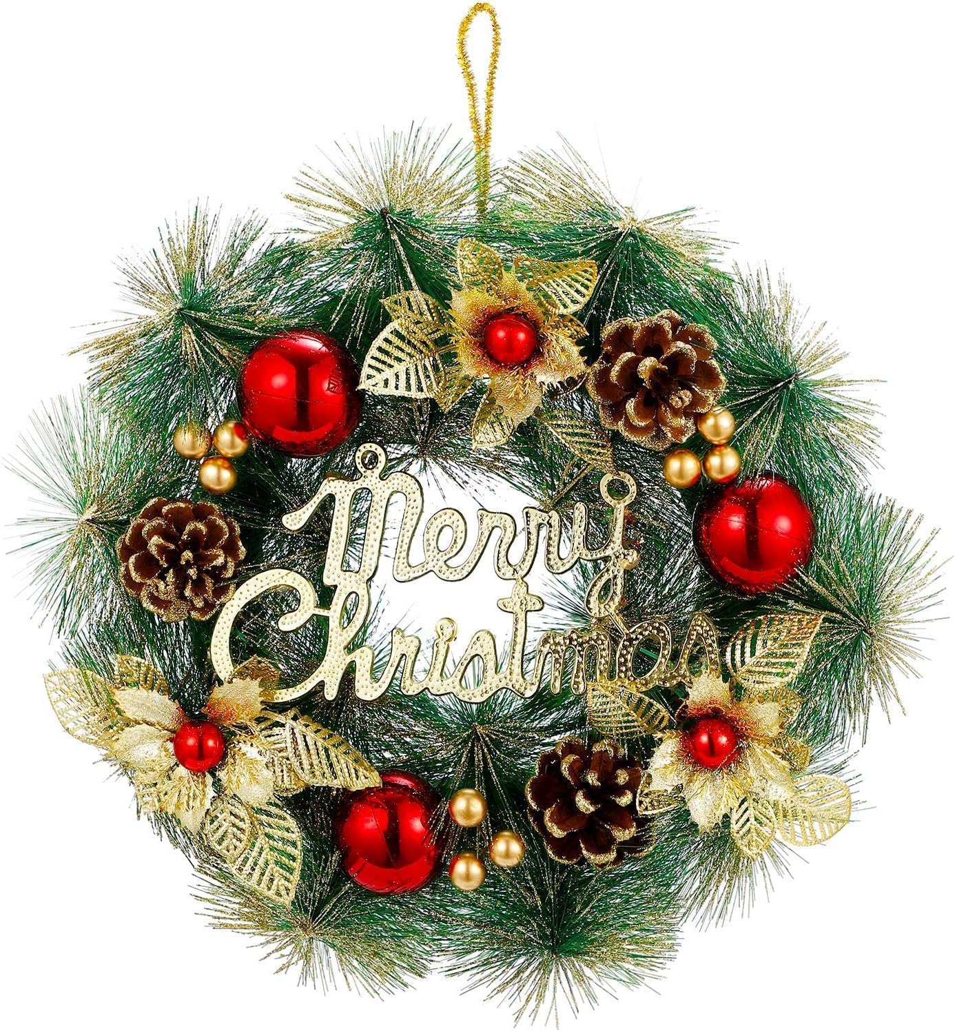 Wreaths, Garlands & Swags - Christmas Wreath, Ohuhu Artificial Christmas Wreaths Xmas Pine Wreath Garland - Wall Hanging with Gold Leaves Red Balls Pine Cones for Front Door Christmas Decorations