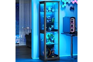 Topcomfy Display Cabinet with Glass Doors, 5-Tier Curio Cabinet with 3 Color Lights for Collectibles, Bookcase with Human Body Sensor, Glass Display Case with Lock, Black