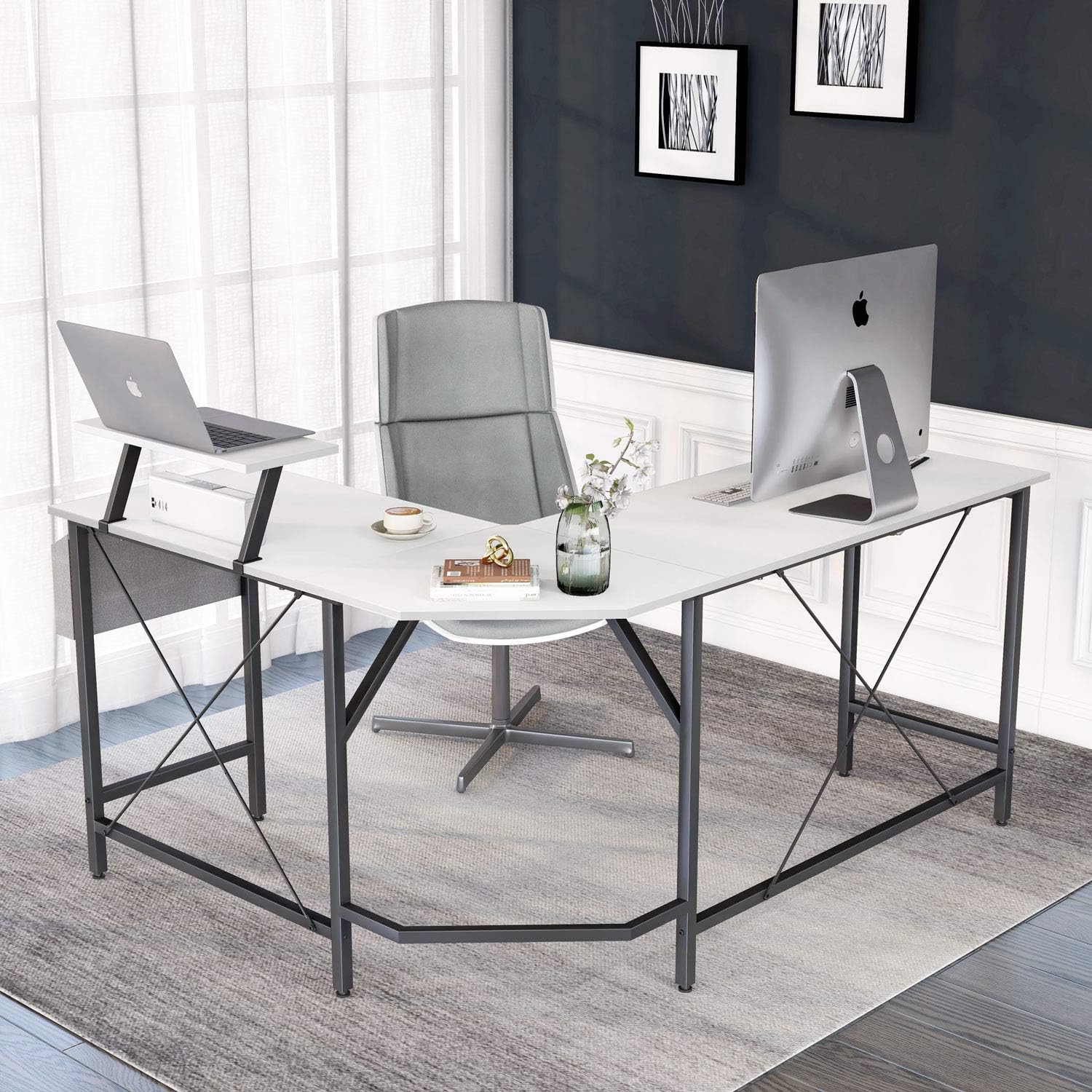 Cubiker Modern L-Shaped Computer Office Desk, Corner Gaming Desk with Monitor Stand, Home Study Writing Table Workstation for Small Spaces, White: Kitchen & Dining