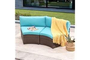 OC Orange-Casual Patio Armless Sofa Seating Outdoor Wicker Half-Moon Sectional Chair with Turquoise Cushions Set of 2