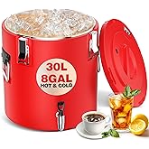 PYY Insulated Beverage Dispenser - 8 Gallon Hot Drink Dispenser with 304 Stainless Steel Interior & Spout, Commercial Thermal Container for Hot and Cold Drink, Portable Outdoors Water Cooler Jug