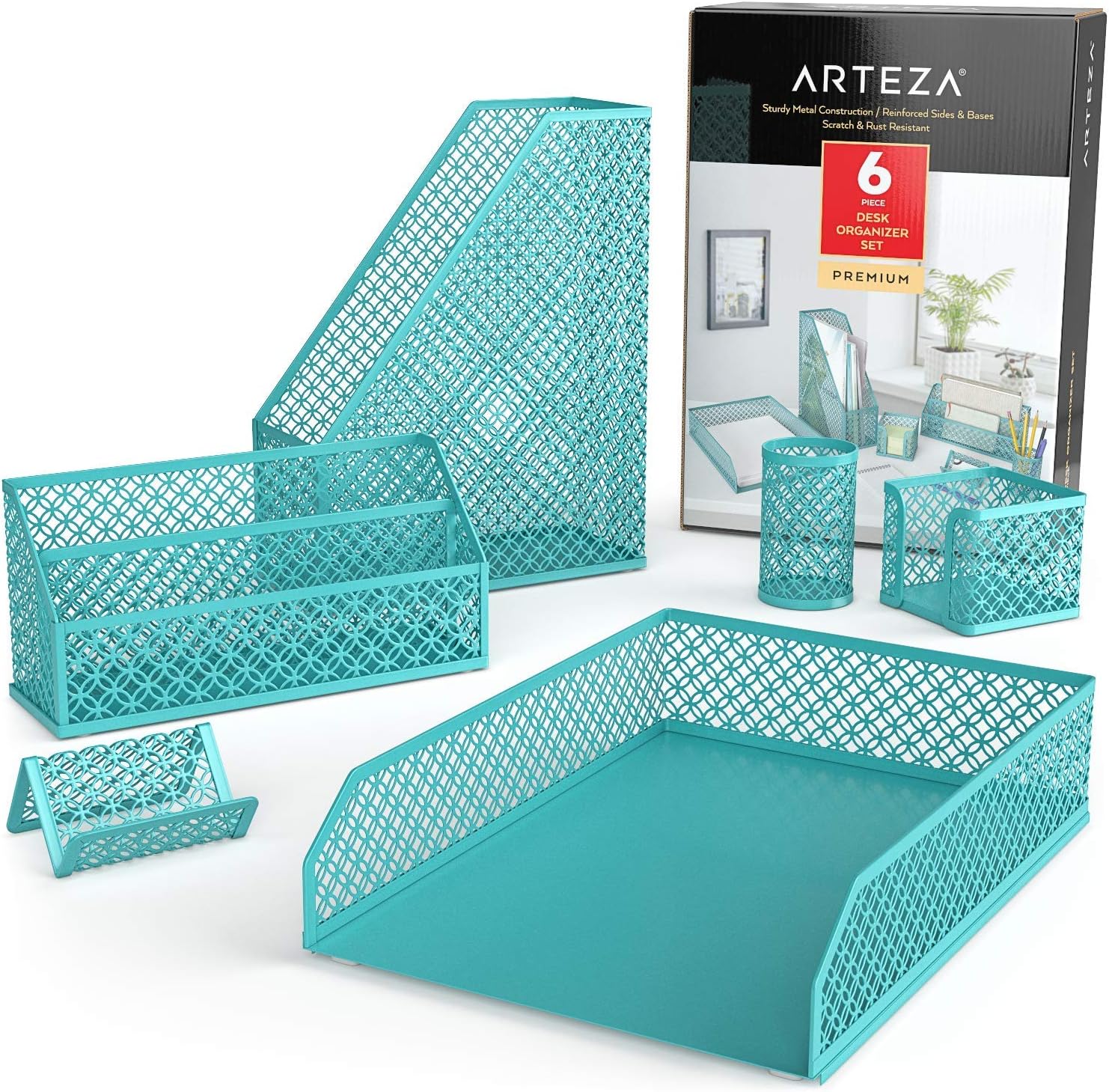 Arteza Desk Organizer Accessories Set in Tiffany Blue, 6-Piece Includes Pencil Cup Holder, Letter Sorter, Letter Tray, Magazine Holder, Name Card Holder, Sticky Note Holder for Home or Office : Office Products