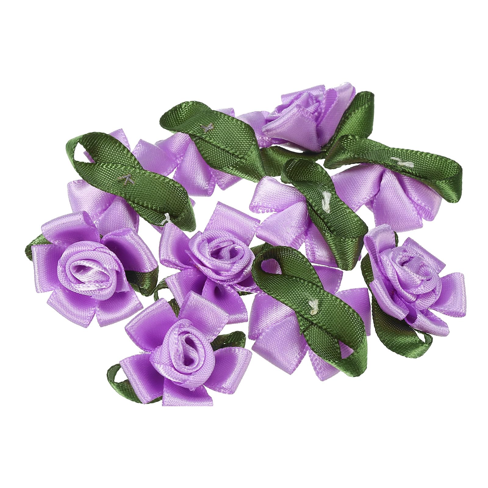 PATIKIL Mini Satin Ribbon Roses, 30 Pcs Small Rosettes Fabric Flowers with Green Leaves for Craft Projects Embellishments Applique, Purple