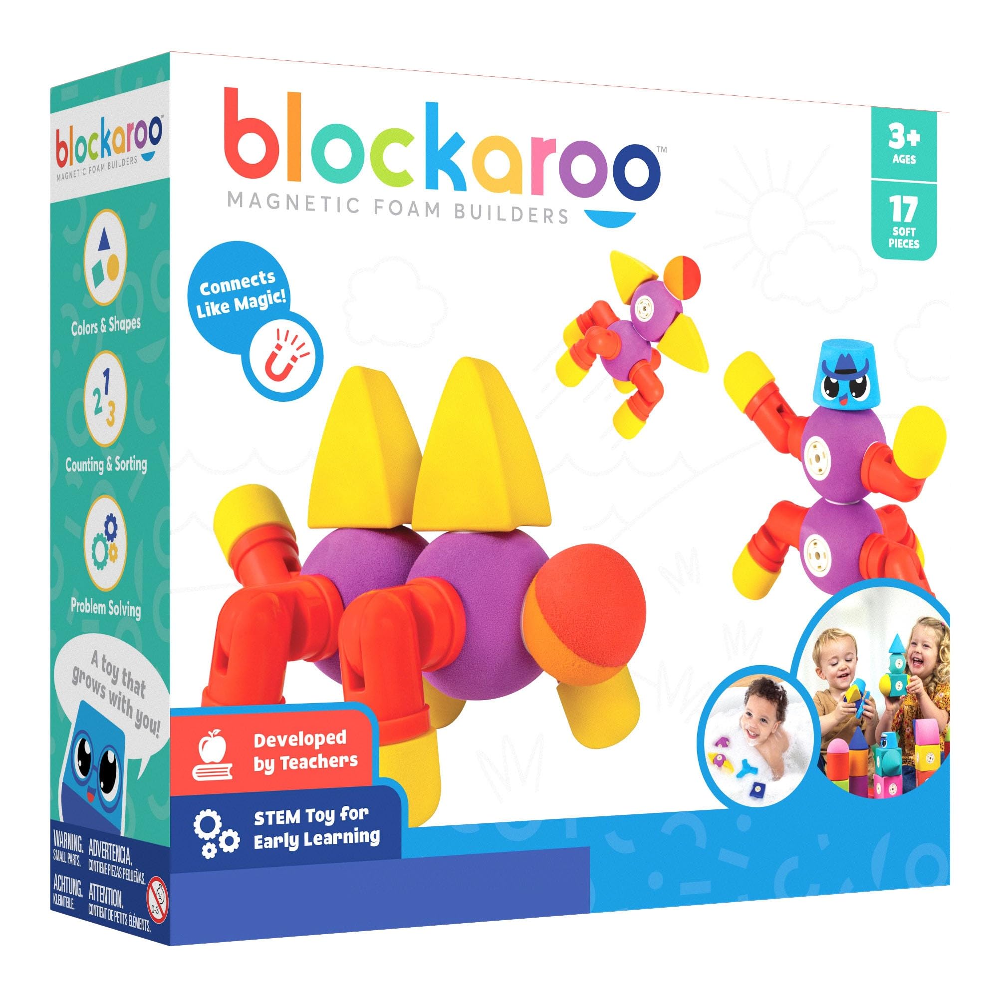 Blockaroo Magnetic Foam Building Blocks - 17-Piece Critter Set, Bath Toys for Toddlers, Preschool Toys, Bathtub Toys, Sensory Toys, Blocks for Toddlers 3-5, Engineering Toys for Kids 3-5, Bath Blocks Image