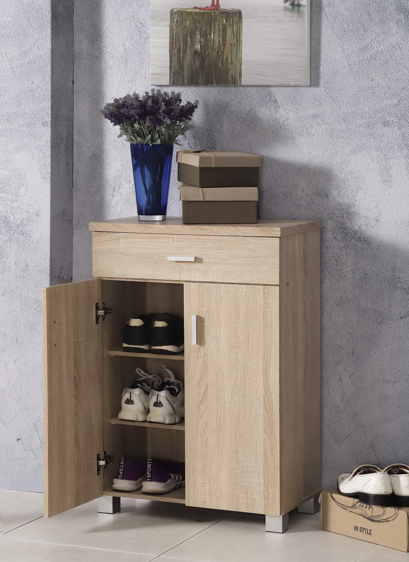 oak shoe cabinet with doors on Home Source Sonoma Oak Shoe Cabinet Storage 2 Door 1 Drawer Hallway Cupboard Wood W 60cm D 32cm H 87cm Buy Online In Jamaica At Jamaica Desertcart Com Productid 122468207