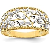 Diamond2Deal 14k Yellow Gold and Rhodium Diamond-cut Filigree Leaf Ring Size-7