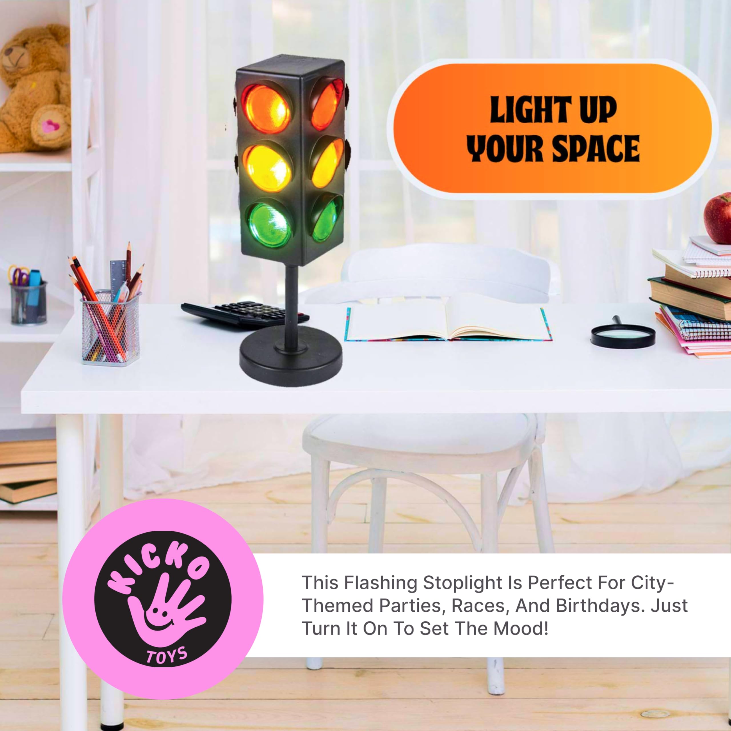 Kicko 11-Inch Traffic Lights Lamp with Base - 4-Mode Color Changing Stop Light Lamp for Kids’ Bedroom, Party Decoration or Playroom - Battery or USB Powered Mini Lighting - Ideal Traffic Light Decor