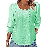 Tankaneo Womens 3/4 Length Sleeve Ladies Tops and Blouses Casual Eyelet Top Crewneck Dressy Shirts with Smocked Cuffs 2025