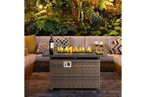 Aoxun Propane Fire Pit Table with Storage, 40 in CSA Propane Fire Table Rectangular, Auto Ignition Gas Fire Pit for Outside Patio Deck, Oxford Cover, Brown Wicker