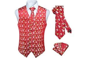 HISDERN Men's Suit Vest Christmas Holiday Season Party Jacquard Waistcoats Necktie Pocket Square Vest Suit Set