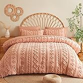 MR&HM Queen Comforter Set Coral Pink, 7 Pieces Tufted Boho Beddding Sets, Farmhouse Style Bed in a Bag with 1 Comforter, 2 Pillow Shams, 2 Pillowcases, 1 Flat Sheet, 1 Fitted Sheet for All Seasons