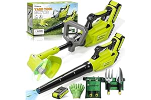 Pandapop Kids Gardening Tools Set, 2 in 1 Kid Lawn Mower & Leaf Blower with Sound & Lights, Including Belt & Gloves, Outdoor 