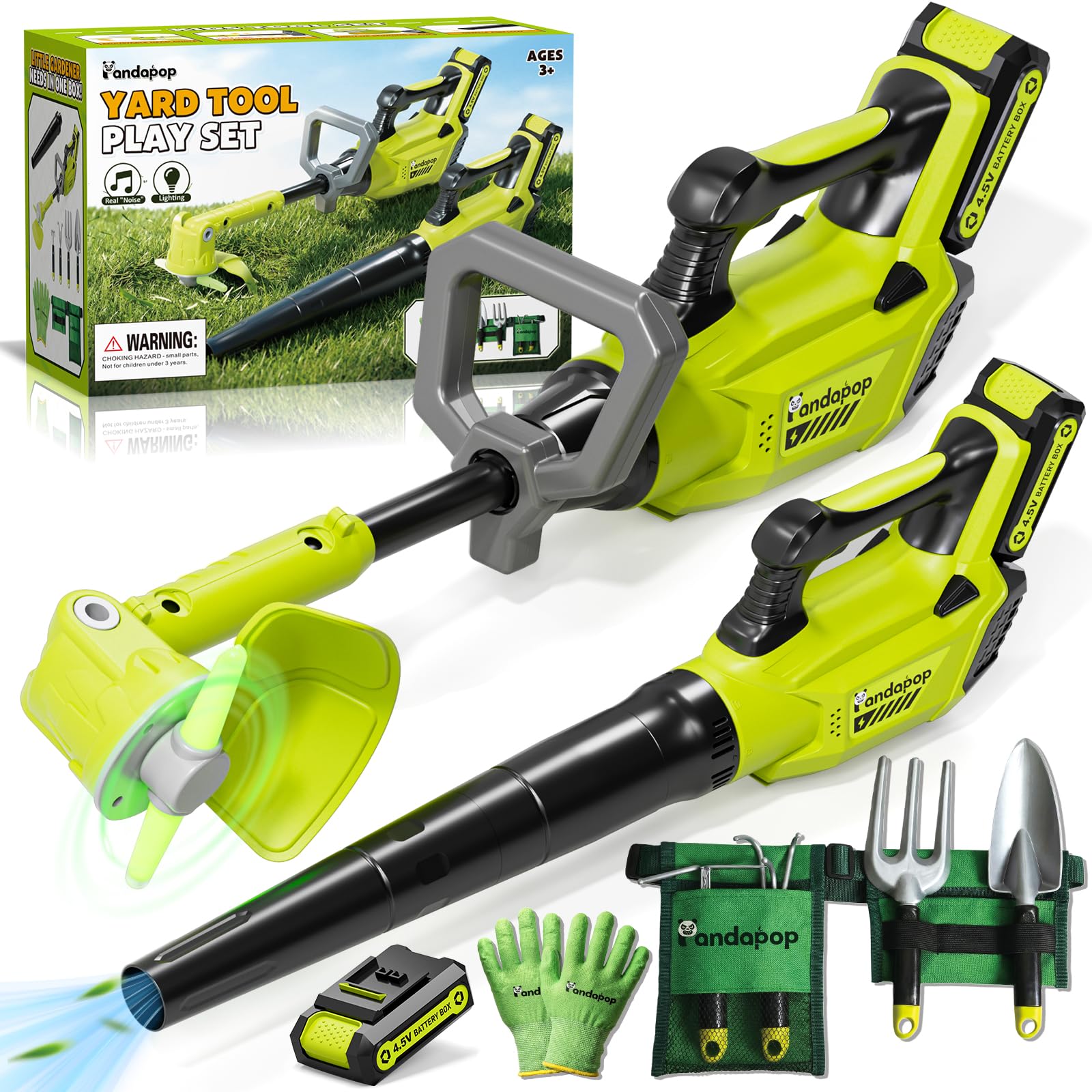 Pandapop Kids Gardening Tools Set, 2 In 1 Kids Leaf Blower & Toy Lawn Mower with Sounds & Lights, Kids Tool Set with Belt & Gloves, Outdoor Play Toy Tools, Christmas Birthday Gifts for Boys 3 4 5 6 7+