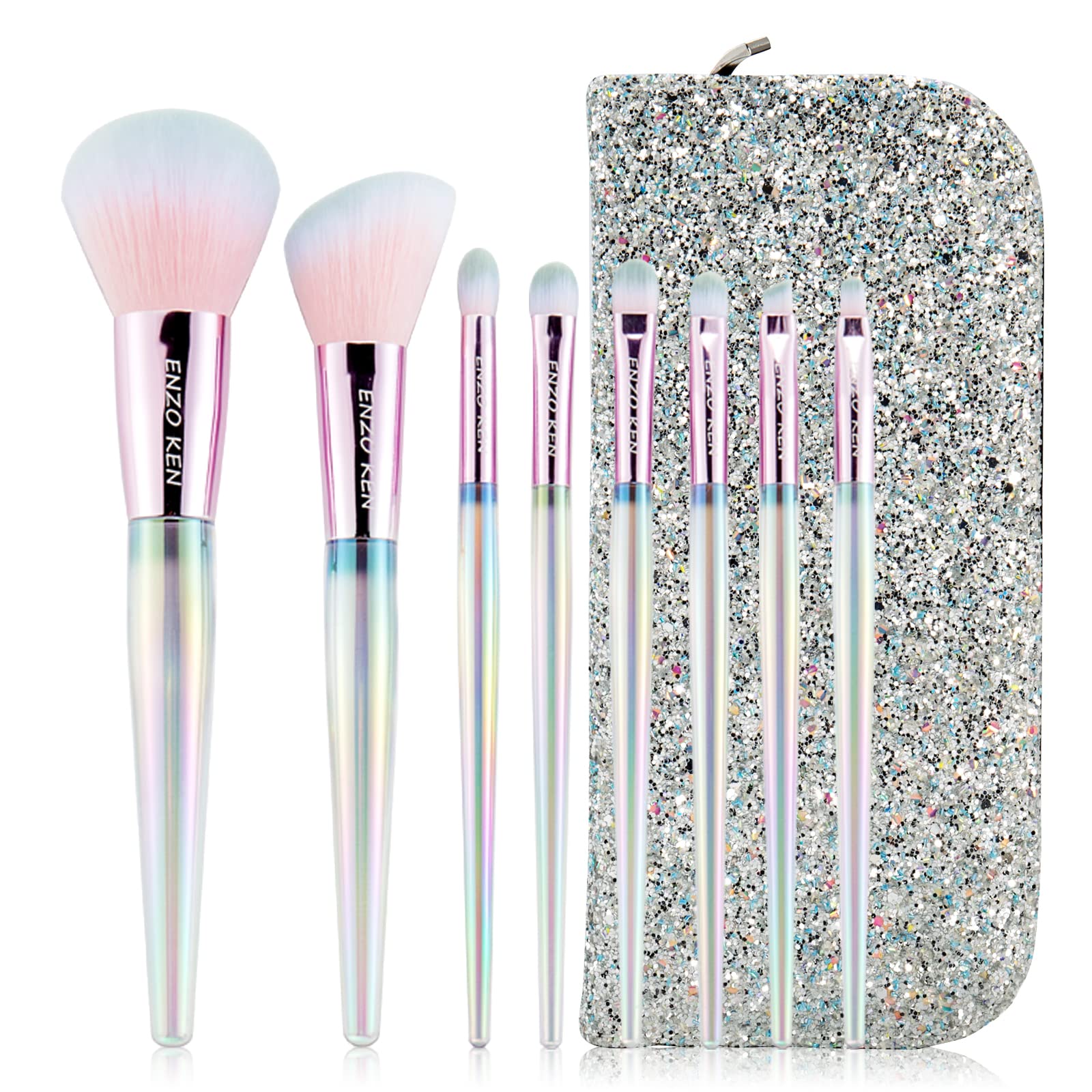 ENZO KEN Rainbow Crystal Makeup Brush Set Professional, Vegan Makeup Brush Set with Case, Bedazzled Cosmetic Brush Makeup Set, Sparkly Make up Brushes Vegan, Colorful Make up Brushes Set Professional.