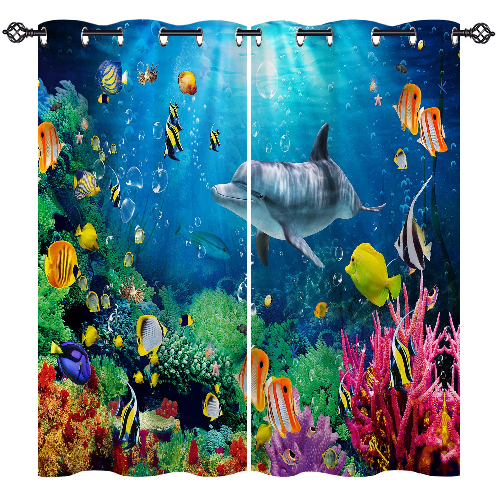 ANHOPE Underwater Curtains Eyelet 80% Blackout Room Darkening Curtains with Ocean Fish Dolphin Coral Print Pattern Light Blocking Window Drapes for Kids Bedroom Living Room 46 x 54 Inch Drop 2 Panels