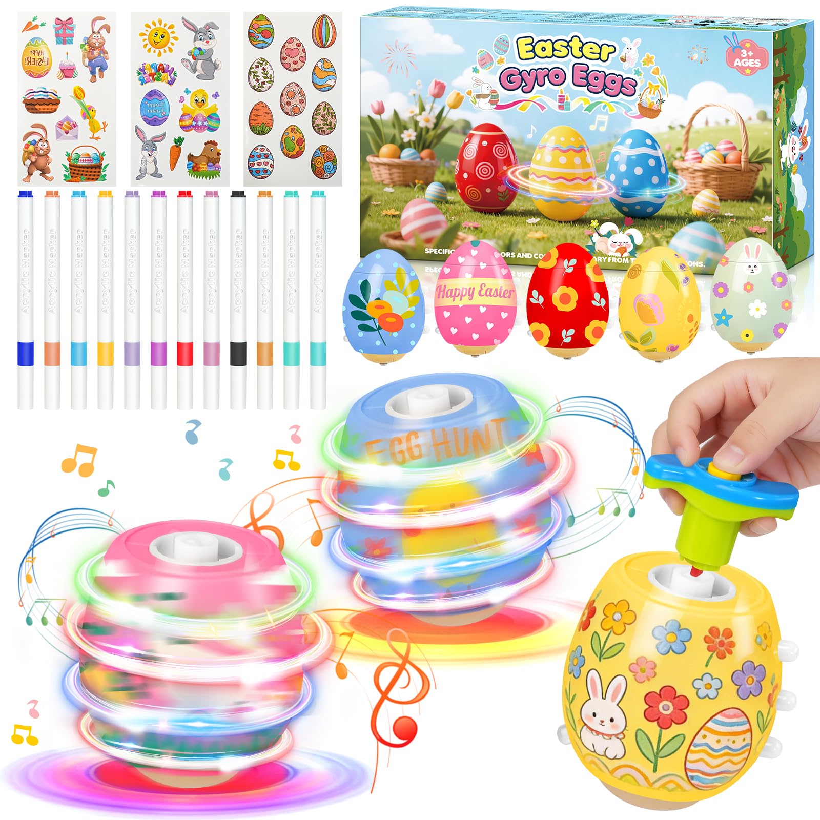 Joozmui 5 PCS Easter Eggs Light Up Spinning Tops Toys, Easter Gifts for Kids Aged 3-10 Year, Colouring Toys with Lights & Music, Easter Baskets for Kids, Small Easter Gifts