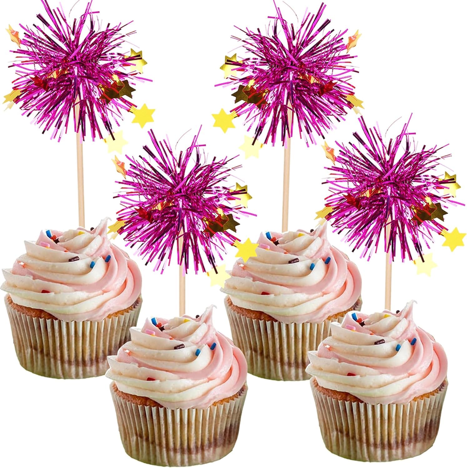 SYKYCTCY 30 Pack Foil Firework Cupcake Toppers Happy Birthday Cake Toppers Star Sparkle Tinsel Flower Drink Stirrers Cocktail Fruit Toothpicks for Birthday Wedding Graduation Party Supplies
