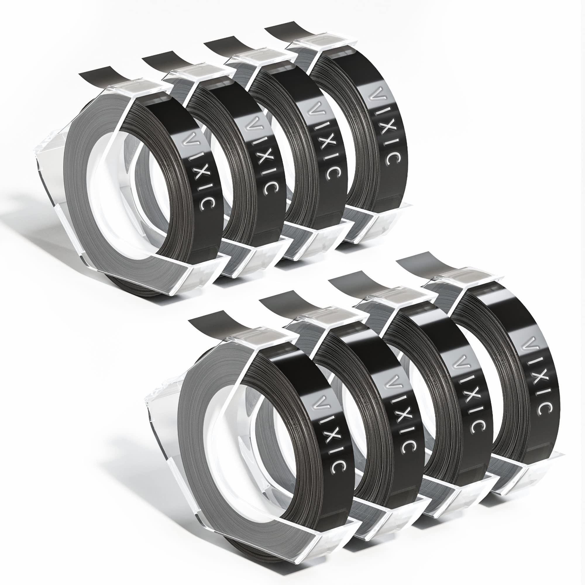 Omega S Label Tape, Compatible with Dymo Embossing Tape S0898130 Replacement for Dymo Omega Tape Junior S0717900, Black 8PK (9mm X 3/8”)