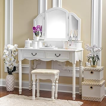 Amazon Com Fineboard Elegant Vanity Set Makeup Dressing Table With 3 Mirrors And Stool 4 Drawers White Furniture Decor