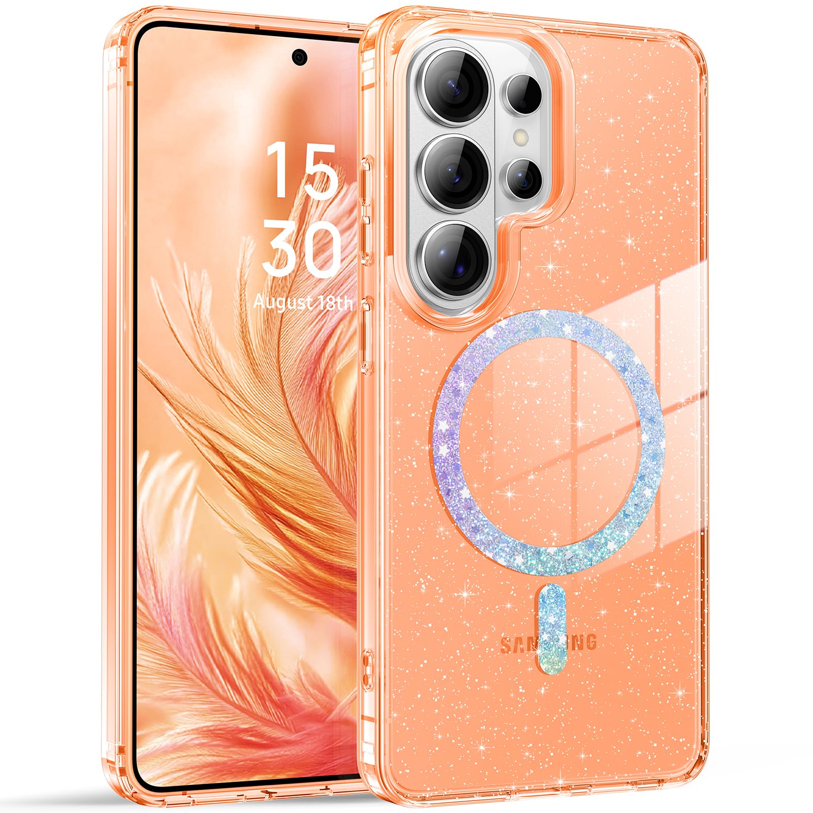 BENTOBEN Magnetic for Samsung Galaxy S26 Ultra Case 2026, Cute Clear Sparkly Glitter Anti-Yellowing Slim Bumper Compatible with Magsafe Shockproof Protective Transparent Phone Cover 6.9", Clear Orange
