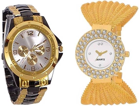 Tutile Analogue Round Black and Gold Dial Smart Couple Combo Chain Strap Wrist Watches for Men & Women