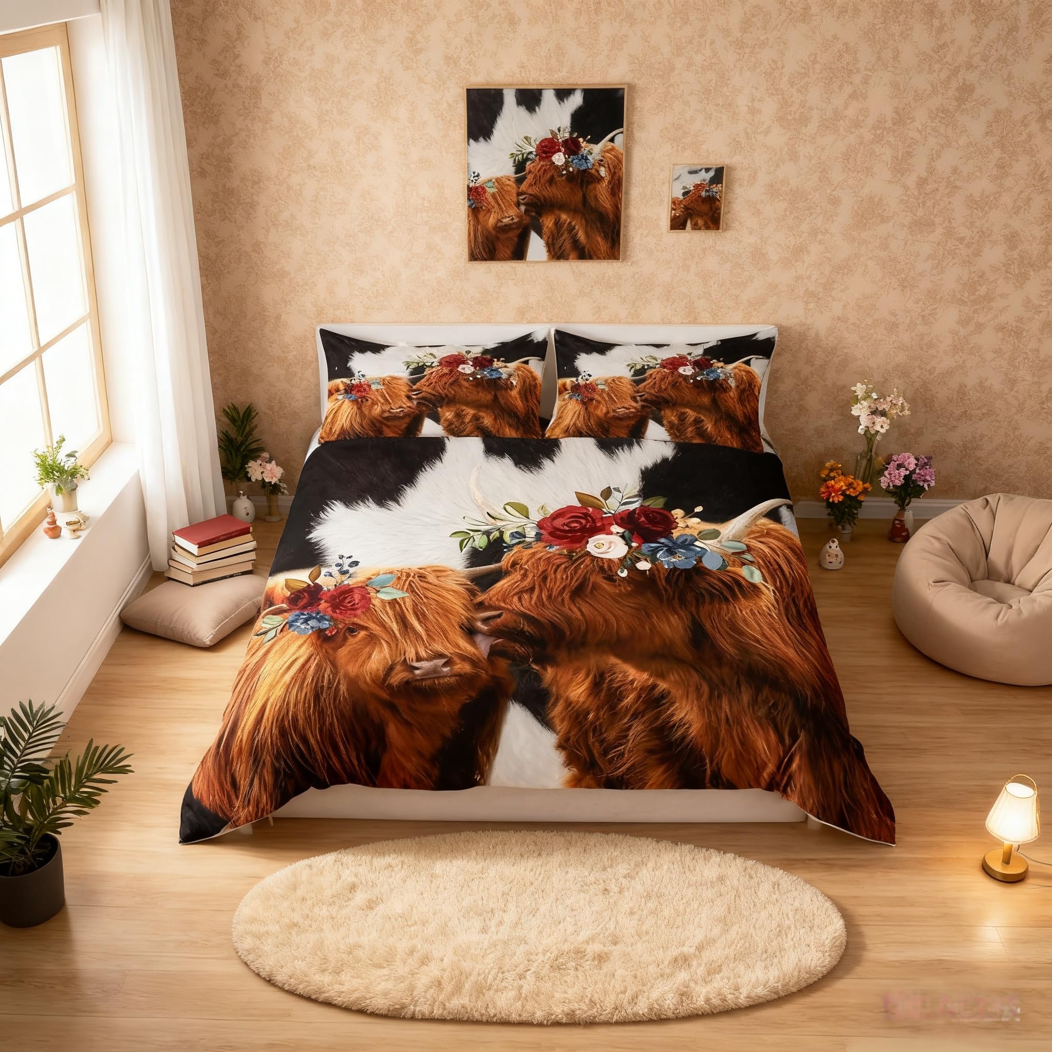 Brown Highland Cattle Comforter Cover Double Size, Black and White Milk Cow Fur Hair Skin and Flowers Duvet Cover with 2 Pillowcases, Natural Farmhouse Animal Bedding Sets for Girls Teens Room Gift — image 1