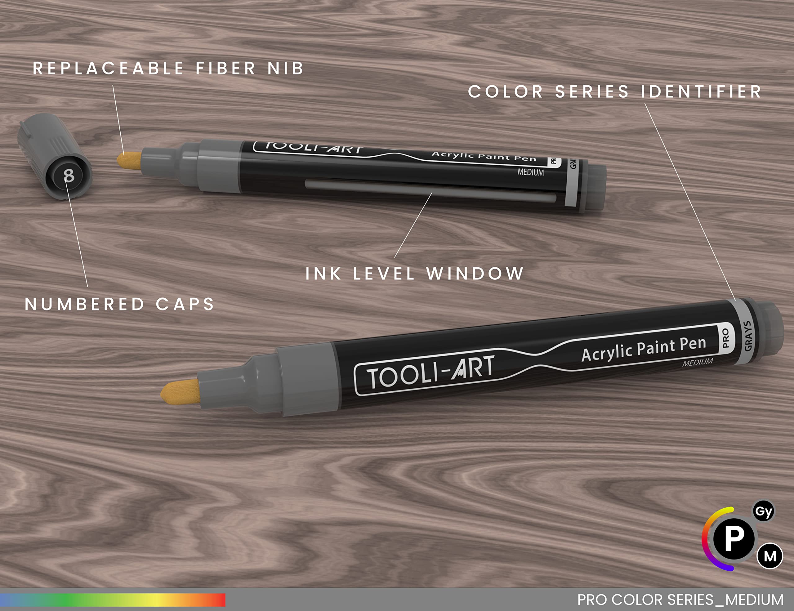 TOOLI-ART Acrylic Paint Pens 22 Assorted Pro Colour Series Markers Set 3mm Medium Tip for Rock Painting, Glass, Mugs, Wood, Metal, Canvas, DIY Projects, Non Toxic, Waterbased, Quick Drying. (GREY)